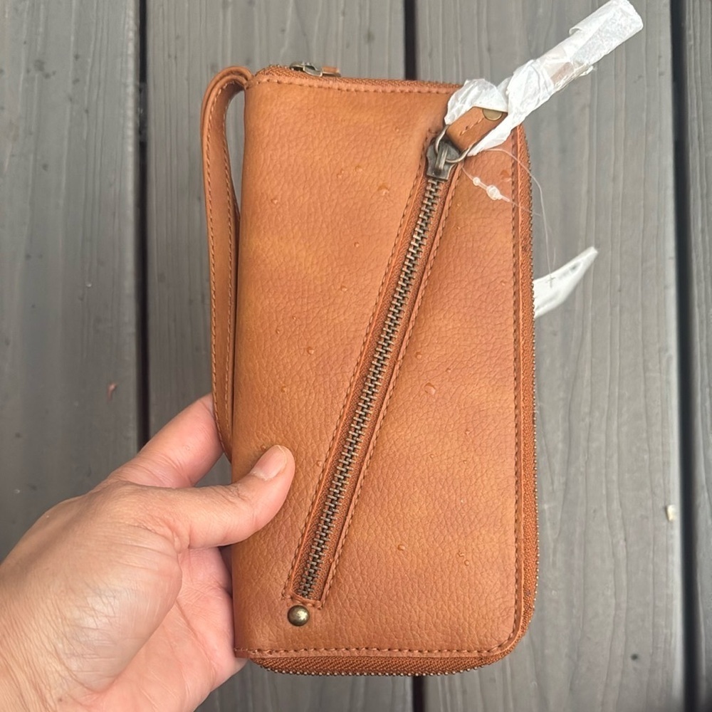 Free People Tan Pebbled Leather Wallet with Diagonal Zipper